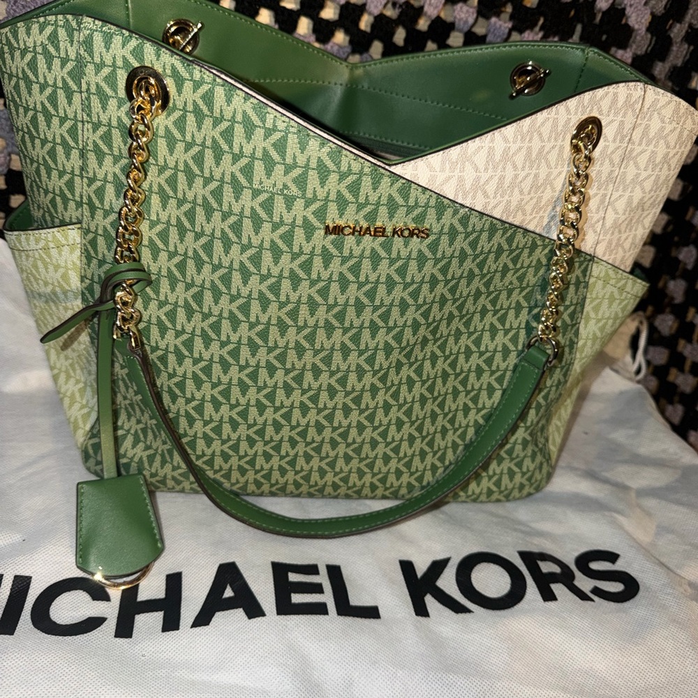 Michael Kors Green and White Signature Tote